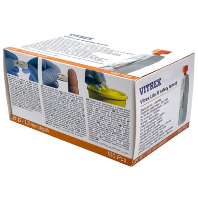 Vitrex Sterilance Lite 3 turvalansetti 100kpl Koko 21Gx1,8mm (Oranssi) Vitrex Sterilance Lite 3 turvalansetti 100kpl Koko 21Gx1,8mm (Oranssi)