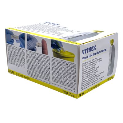 Vitrex Sterilance Lite 3 turvalansetti 100kpl Koko 26Gx1,8mm (keltainen) Vitrex Sterilance Lite 3 turvalansetti 100kpl Koko 26Gx1,8mm (keltainen)