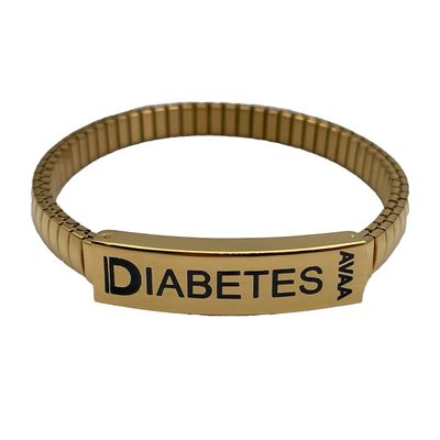 Diabetestunnus, kapea venyvä teräsranneke, kullattu (17,5 cm)