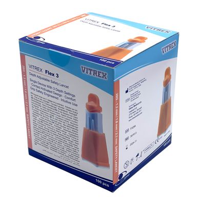 Vitrex turvalansetti Sterilance Flex3 100kpl Koko 28Gx1,3/1,8/2,3 oranssi Vitrex turvalansetti Sterilance Flex3 100kpl Koko 28Gx1,3/1,8/2,3 oranssi