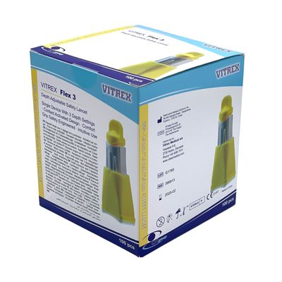 Vitrex turvalansetti Sterilance Flex3 100kpl Koko 26Gx1,3/1,8/2,3 keltainen Vitrex turvalansetti Sterilance Flex3 100kpl Koko 26Gx1,3/1,8/2,3 keltainen